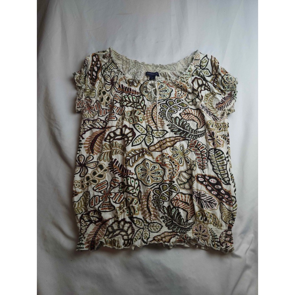 Tommy Hilfiger Womens Medium Boho Smocked Floral Leaf Blouse Earthy Green Brown